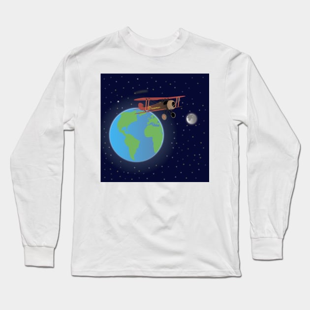 Red Biplane in Outer Space Long Sleeve T-Shirt by NorseTech